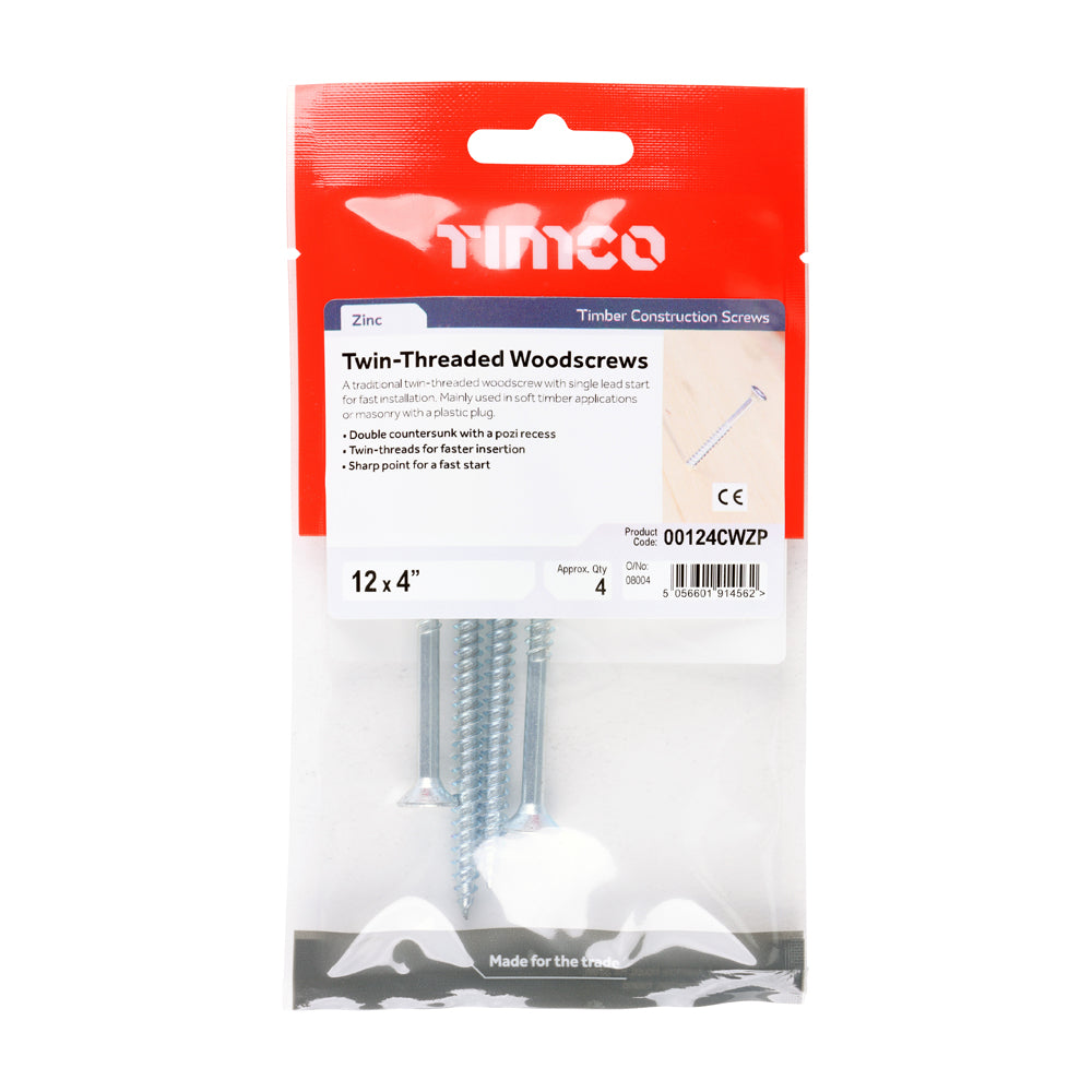 Twinthread Woodscrew PZ2 Countersunk - BZP - 12 x 4 - 4 pack