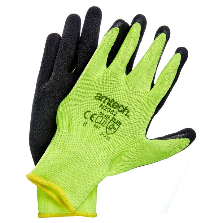 Amtech Medium (Size 8) Hi-Vis Rubber Coated Gloves