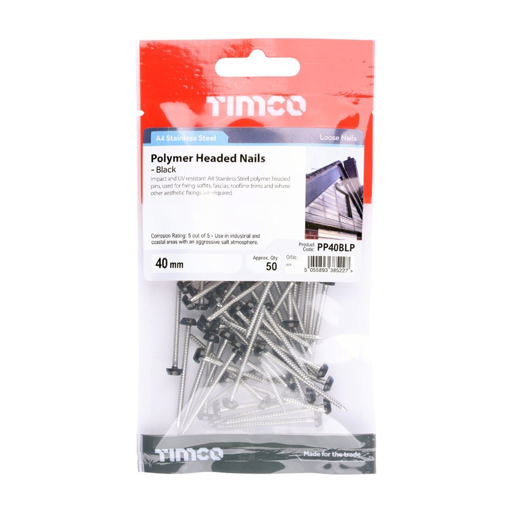 Polymer Headed Pins - A4 Stainless Steel - Black 40mm - 250 pack