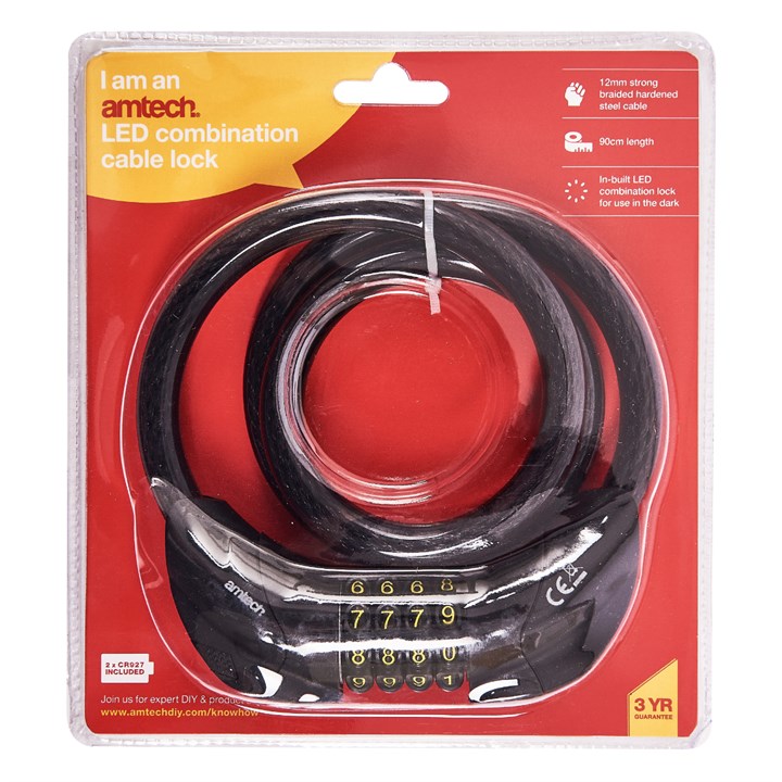 Amtech 900mm (35") X 12mm Security Cable With Built-in LED Combination Lock product image - image 2