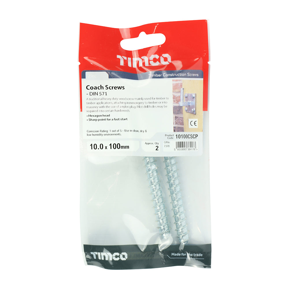 Coach Screw DIN 571 - BZP - 10.0 x 100 - 2 pack