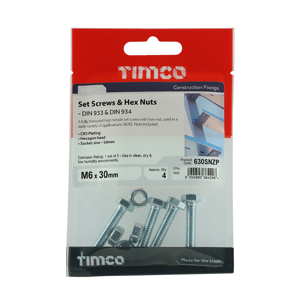 Screw & Hex Nut - BZP - M6 x 30 - 4 pack