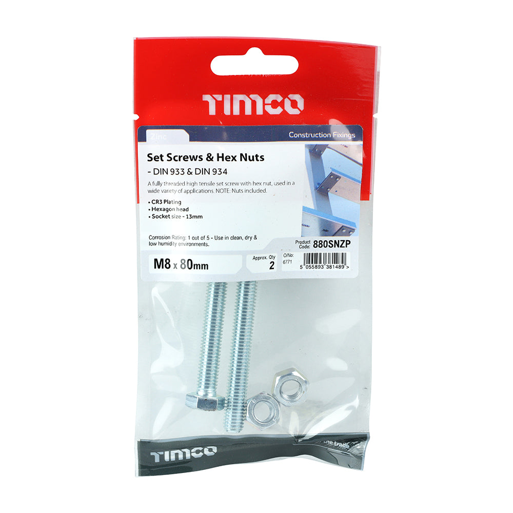 Screw & Hex Nut - BZP - M8 x 80 - 2 pack