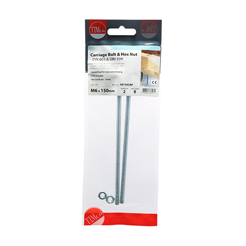 Carriage Bolt & Hex Nut - BZP - M6 x 150 - 2 pack