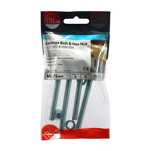 Carriage Bolt & Hex Nut - BZP - M8 x 75 - 4 pack