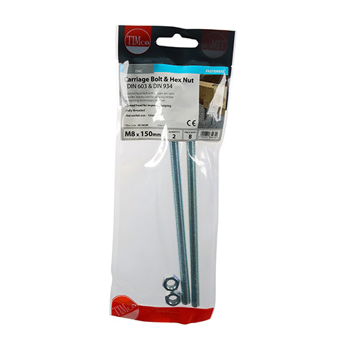 Carriage Bolt & Hex Nut - BZP - M8 x 150 - 2 pack