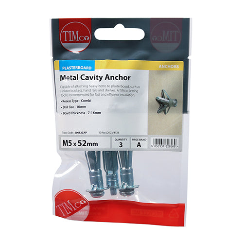 Cavity Anchor - BZP M5 x 52 (60mm Screw) 3 pack