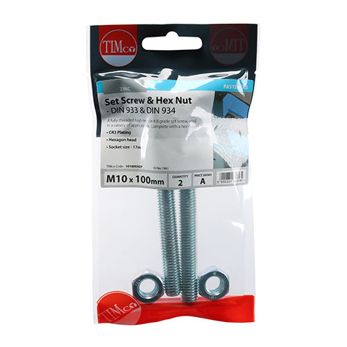 Screw & Hex Nut - BZP - M10 x 100 - 2 pack