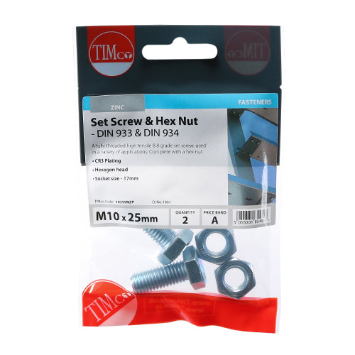 Screw & Hex Nut - BZP - M10 x 25 - 2 pack