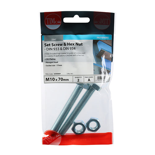 Screw & Hex Nut - BZP - M10 x 70 - 2 pack