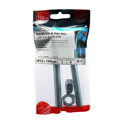 Screw & Hex Nut - BZP - M12 x 100 - 2 pack