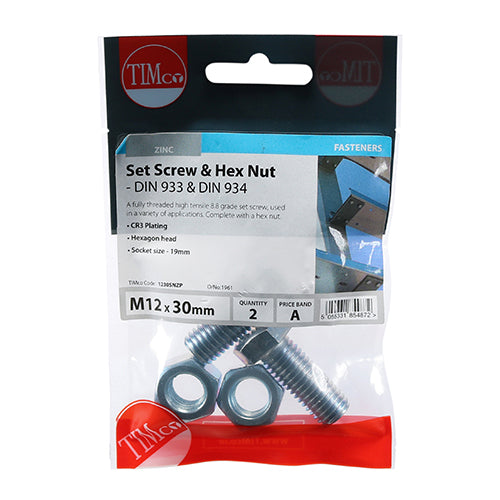 Screw & Hex Nut - BZP - M12 x 30 - 2 pack