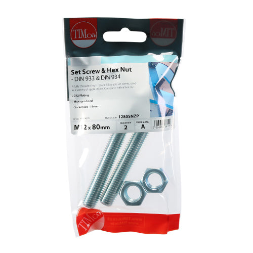 Screw & Hex Nut - BZP - M12 x 80 - 2 pack
