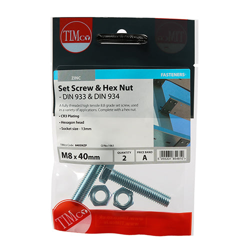 Screw & Hex Nut - BZP - M8 x 40 - 2 pack
