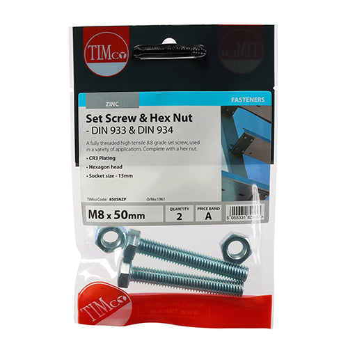 Screw & Hex Nut - BZP - M8 x 50 - 2 pack
