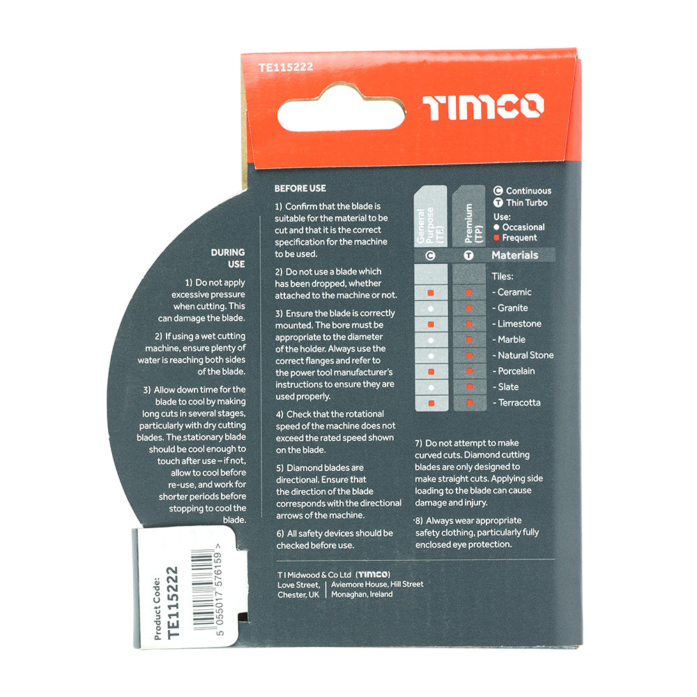 Tile & Ceramic Diamond Blade - Continuous 115 x 22.2 General Purpose