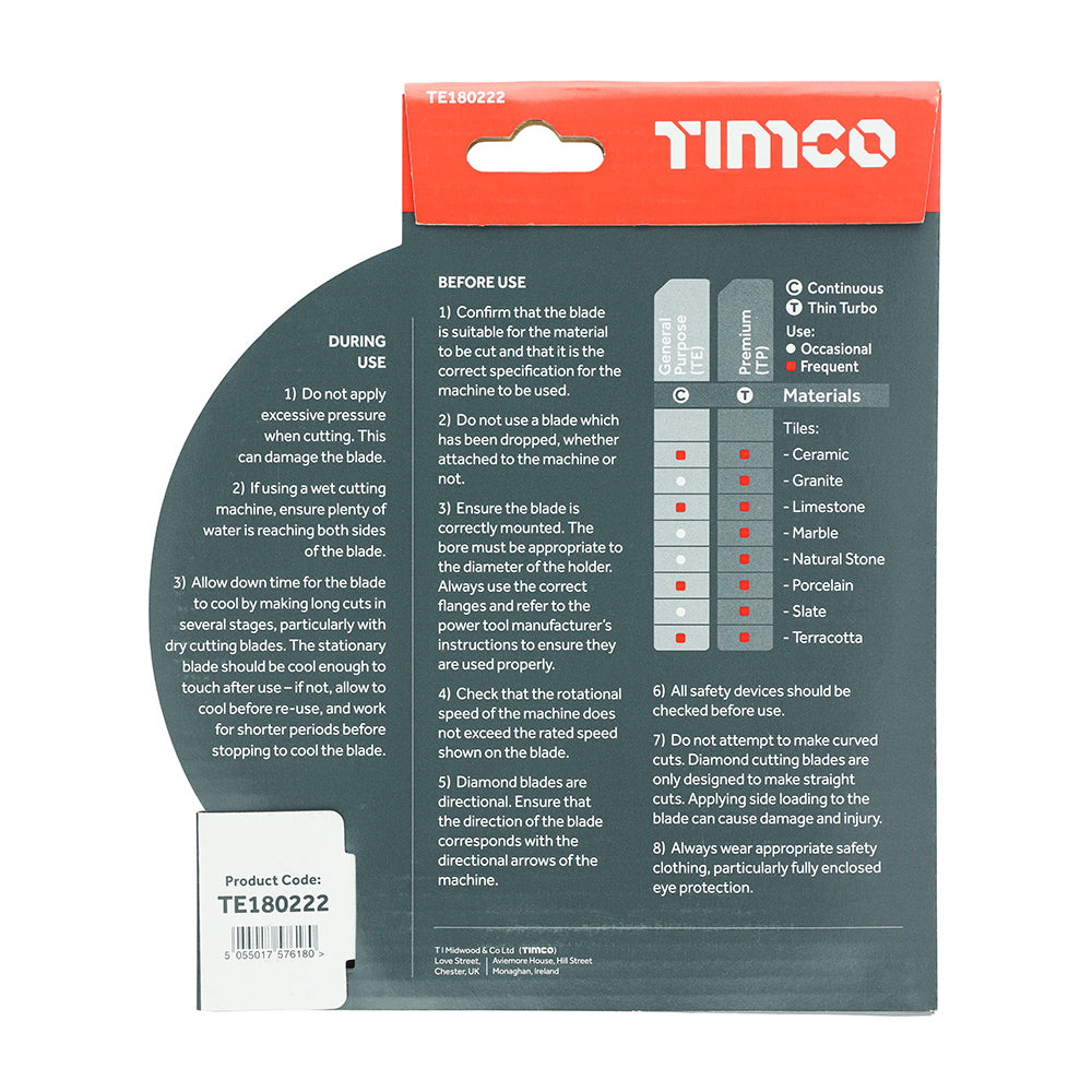 Tile & Ceramic Diamond Blade - Continuous 180 x 22.2 General Purpose