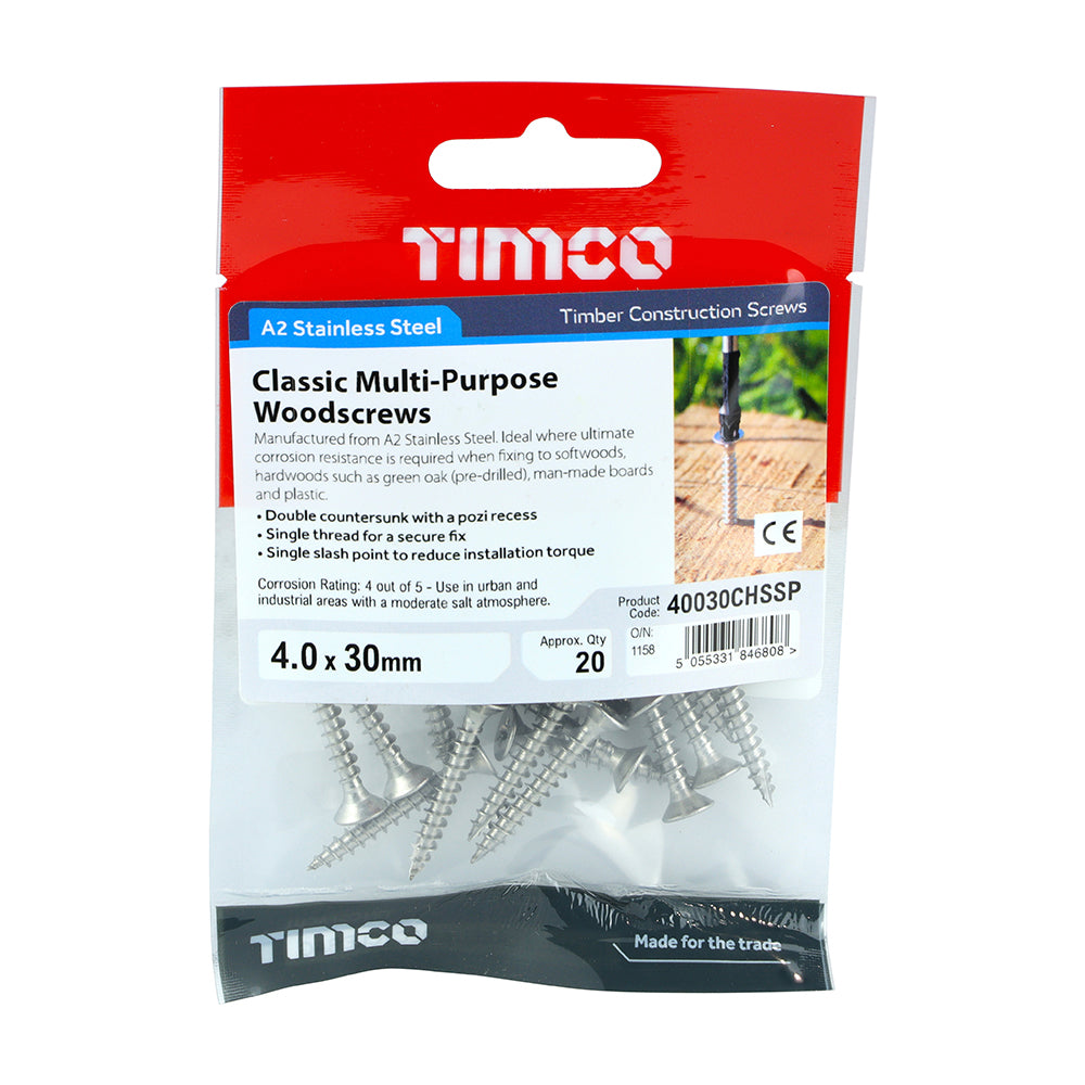 Classic Multi Purpose Woodscrew 4.0 x 30 PZ2 Countersunk A2 Stainless Steel 20 pack