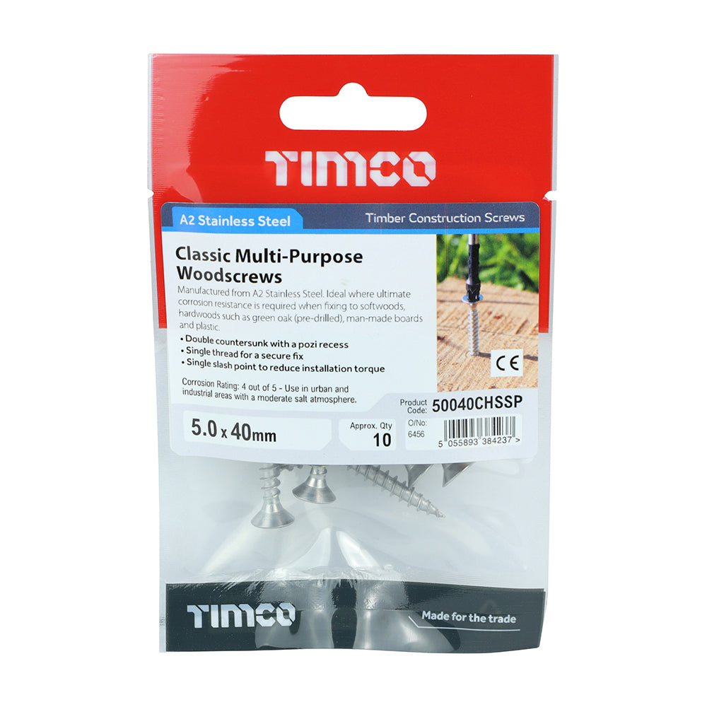 Classic Multi Purpose Woodscrew 5.0 x 40 PZ2 Countersunk A2 Stainless Steel 10 pack