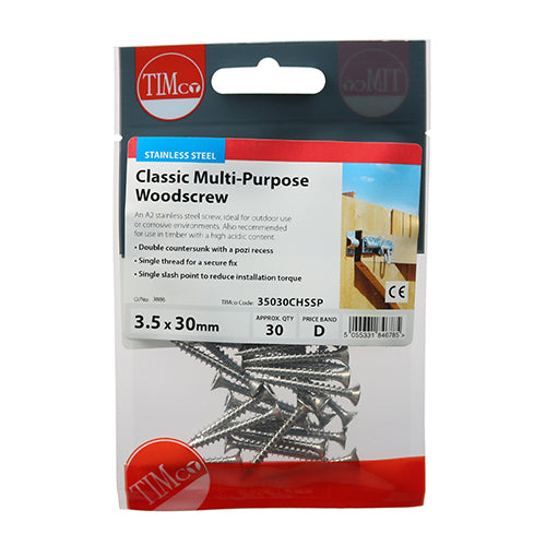 Classic Multi Purpose Woodscrew 3.5 x 30 PZ2 Countersunk A2 Stainless Steel 30 pack