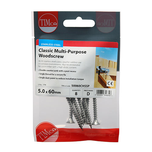 Classic Multi Purpose Woodscrew 5.0 x 60 PZ2 Countersunk A2 Stainless Steel 8 pack