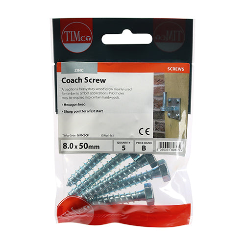 Coach Screw DIN 571 - BZP - 8.0 x 50 - 5 pack