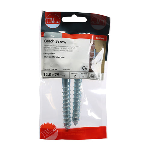 Coach Screw DIN 571 - BZP - 12.0 x 75 - 2 pack
