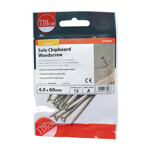 Solo Chipboard & Woodscrews PZ2 Countersunk 4.0 X 60mm - 12 pack