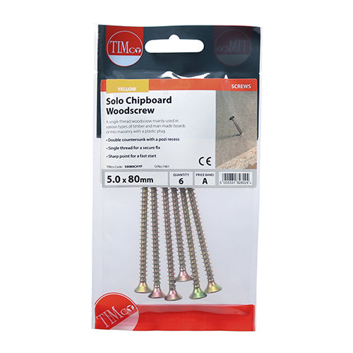 Solo Chipboard & Woodscrews PZ2 Countersunk 5.0 X 80mm - 6 pack