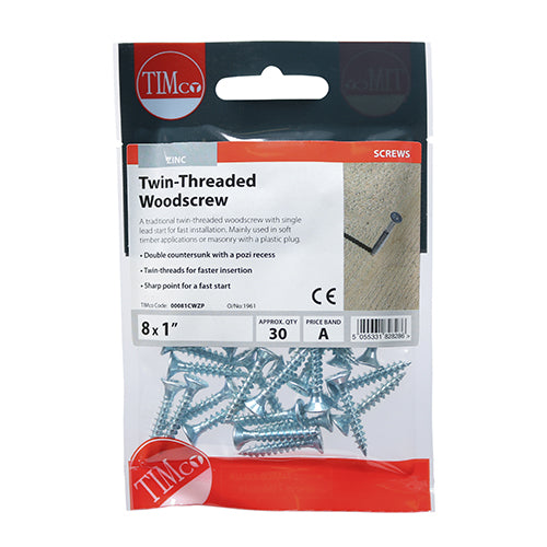 Twinthread Woodscrew PZ2 Countersunk - BZP - 8 x 1 - 30 pack