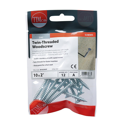Twinthread Woodscrew PZ2 Countersunk - BZP - 10 x 2 - 12 pack