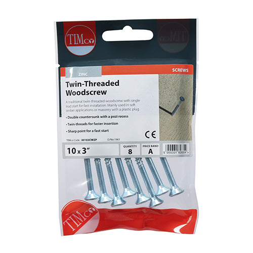 Twinthread Woodscrew PZ2 Countersunk - BZP - 10 x 3 - 8 pack