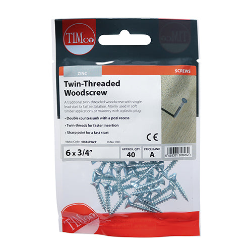 Twinthread Woodscrew PZ2 Countersunk - BZP - 6 x 3/4 - 40 pack