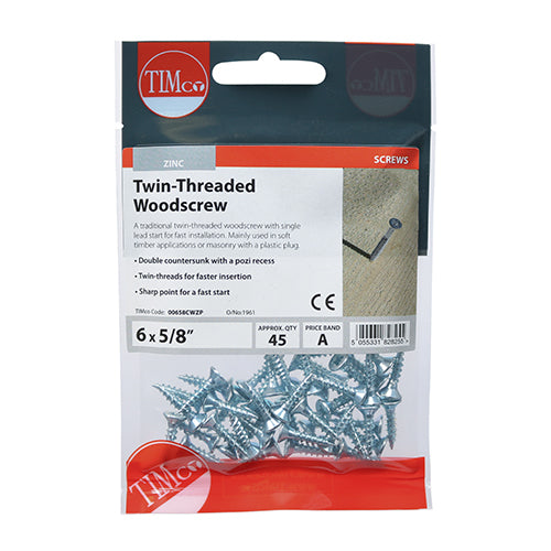 Twinthread Woodscrew PZ2 Countersunk - BZP - 6 x 5/8 - 45 pack