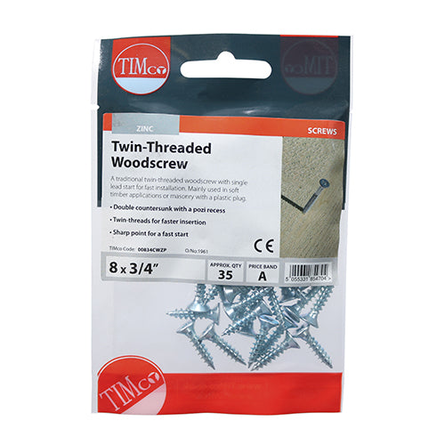 Twinthread Woodscrew PZ2 Countersunk - BZP - 8 x 3/4 - 35 pack