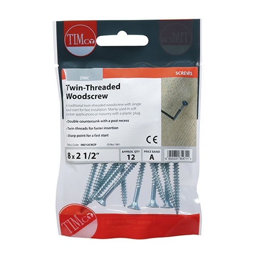 Twinthread Woodscrew PZ2 Countersunk - BZP - 8 x 2 1/2 - 12 pack