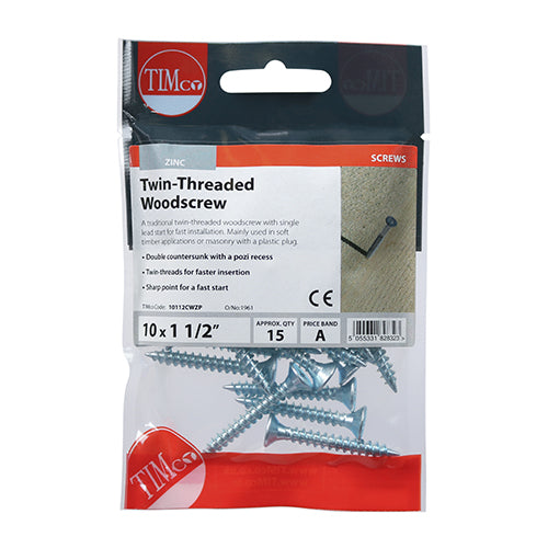 Twinthread Woodscrew PZ2 Countersunk - BZP - 10 x 1 1/2 - 15 pack