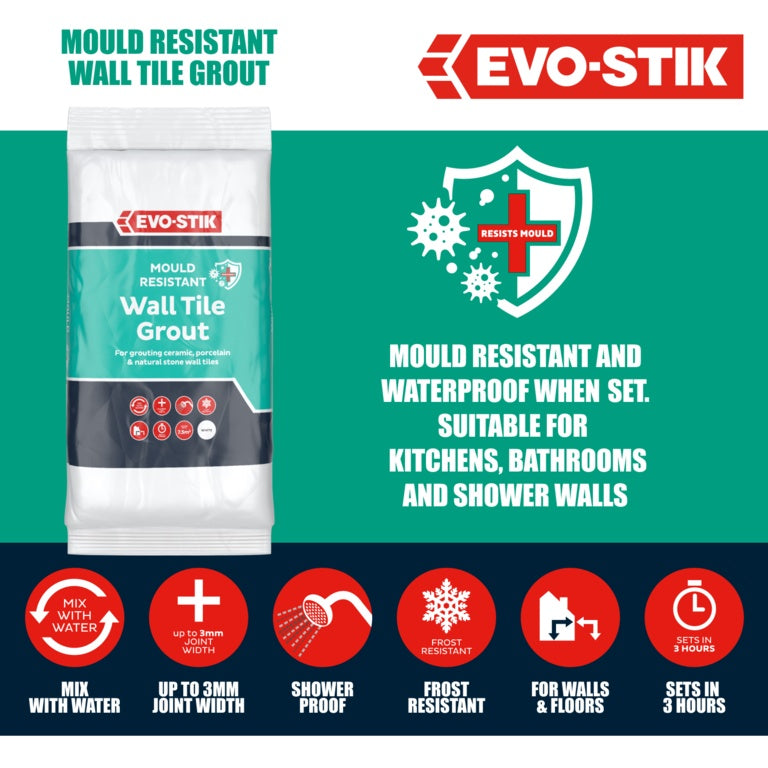 Evo-Stik Tile A Wall Fast Set Grout for Ceramic Tiles - White 1.5kg
