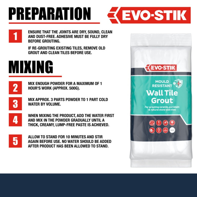 Evo-Stik Tile A Wall Fast Set Grout for Ceramic Tiles - White 1.5kg