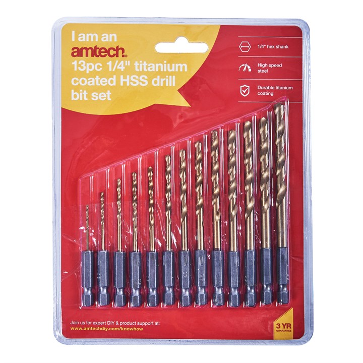 Amtech 13 Piece 6.25mm (1/4") Titanium Coated High Speed Steel (HSS) Drill Bit Set