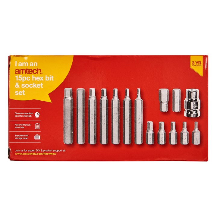 Amtech 15 Piece Hex Bit and Socket Set