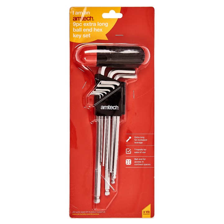 Amtech 9 Piece Extra Long Ball End Hex Key Set