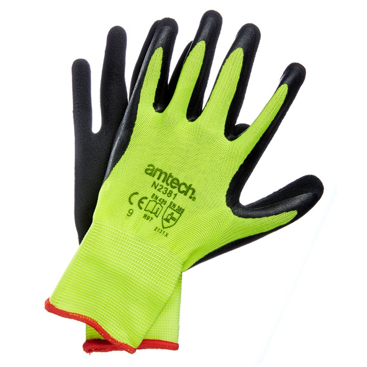 Amtech Large (Size 9) Hi-Vis Rubber Coated Gloves