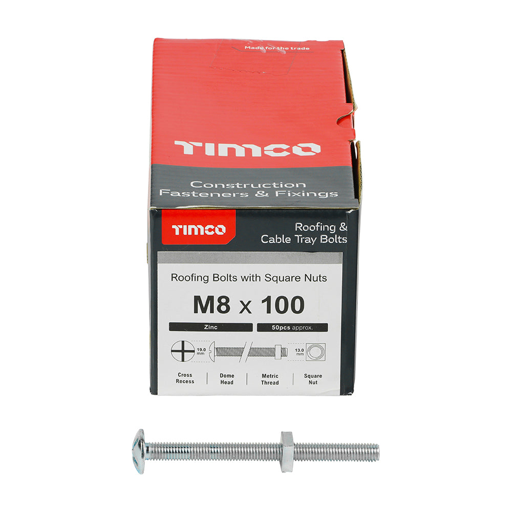 Roofing Bolts with Square Nuts - Zinc M8 x 100 Box 50