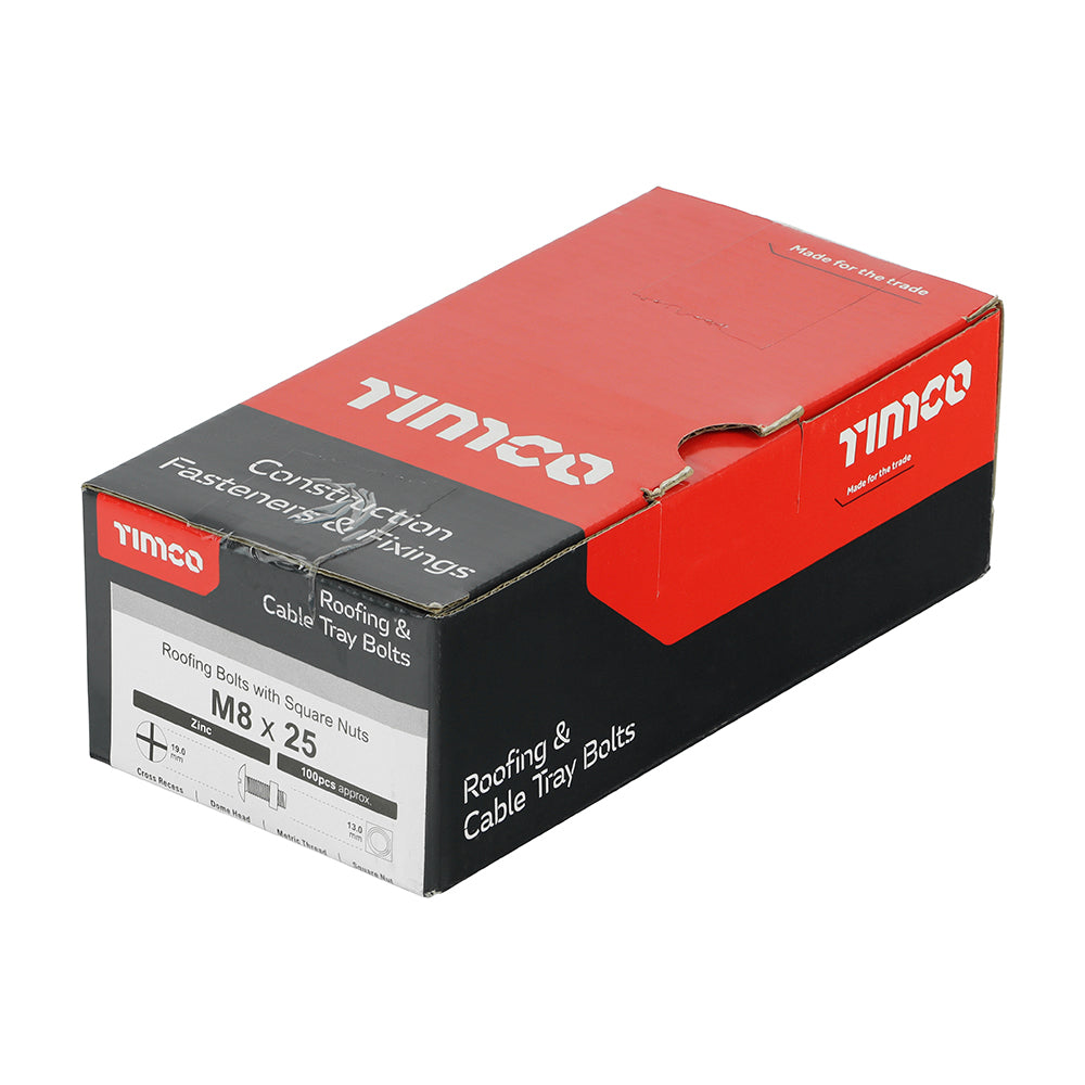 Roofing Bolts with Square Nuts - Zinc M8 x 25  Box 100