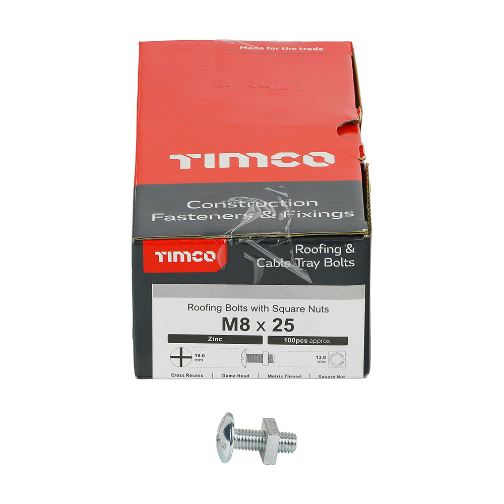 Roofing Bolts with Square Nuts - Zinc M8 x 25  Box 100
