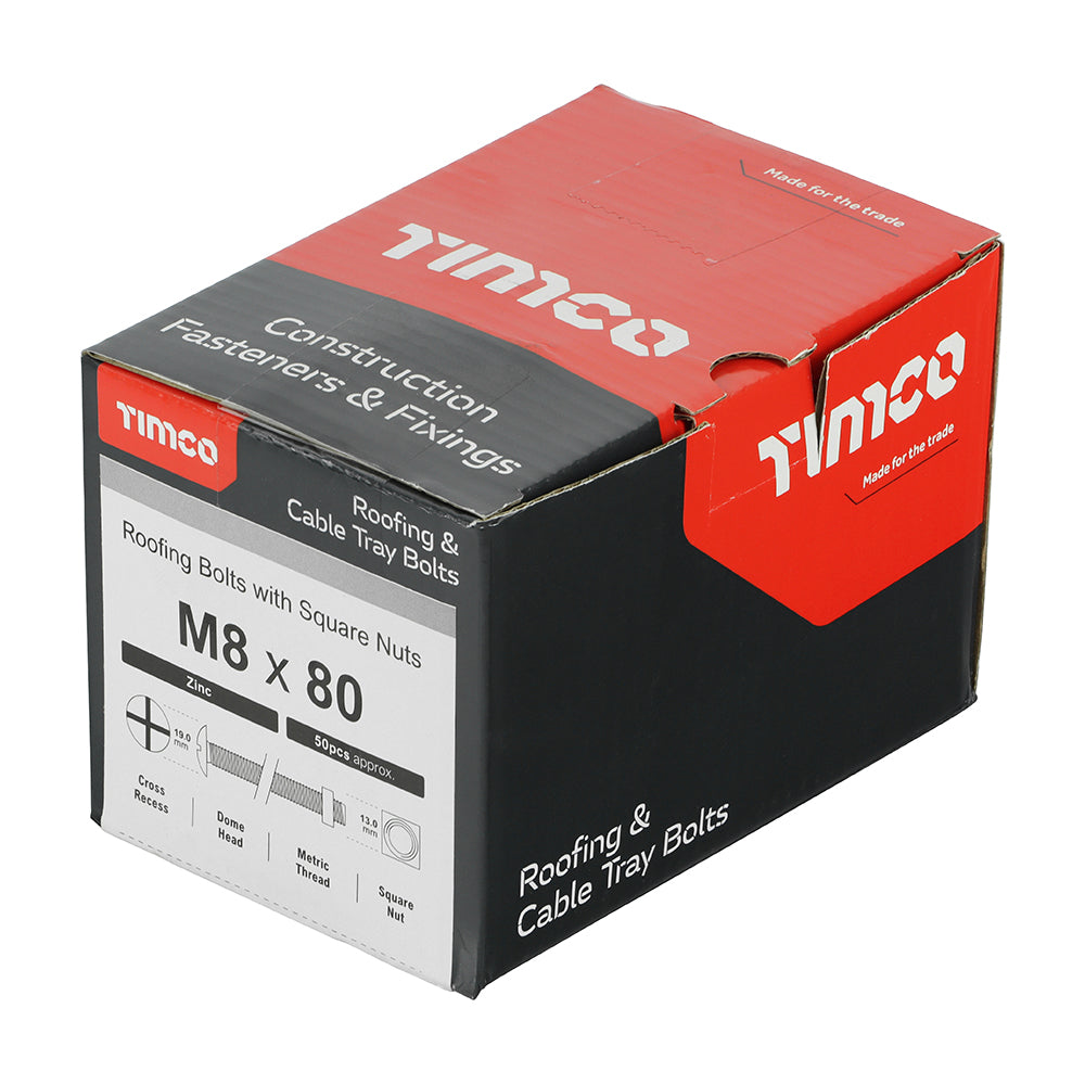 Roofing Bolts with Square Nuts - Zinc M8 x 80 Box 50