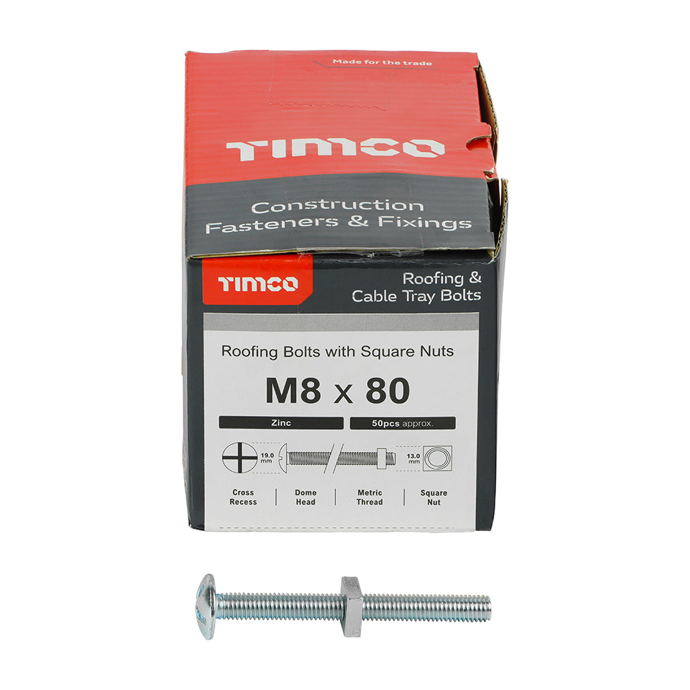 Roofing Bolts with Square Nuts - Zinc M8 x 80 Box 50