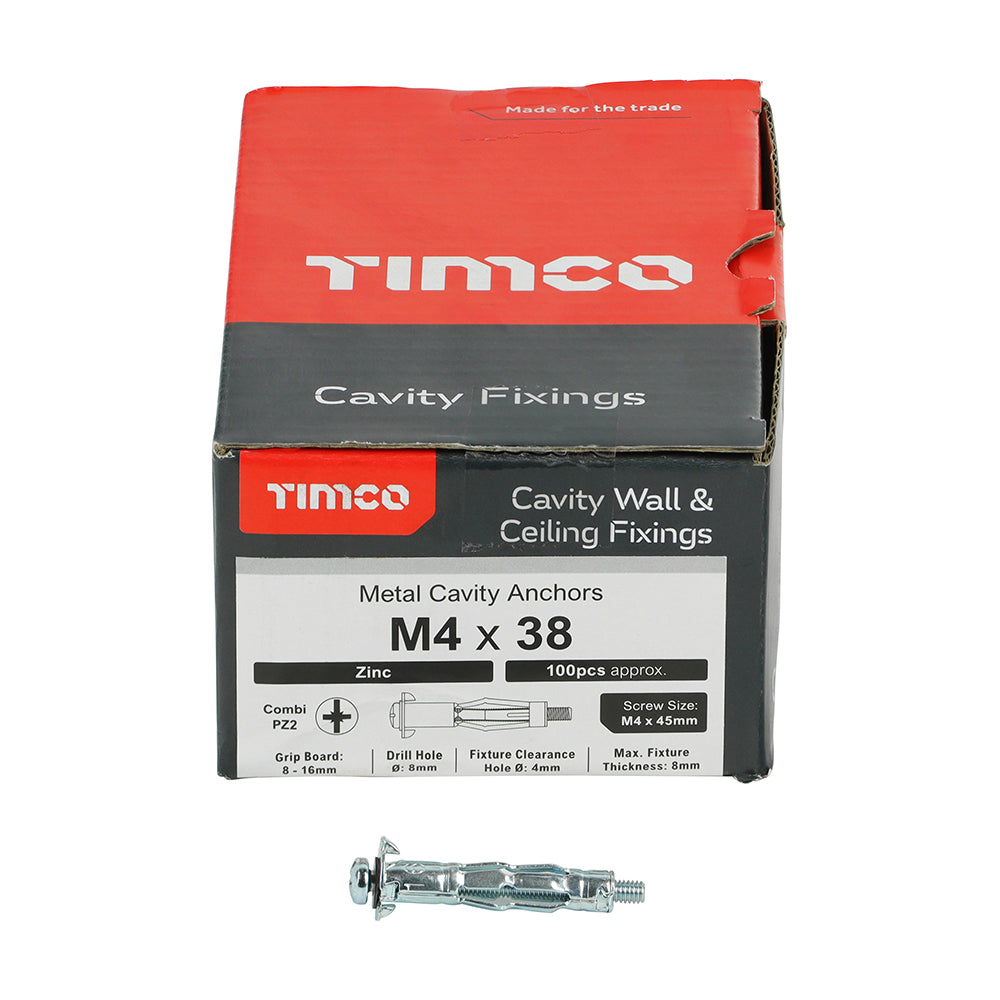 Metal Cavity Anchor Zinc M4 x 38 (45mm Screw) 100 pack