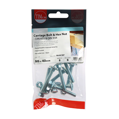 Carriage Bolt & Hex Nut - BZP - M6 x 40 - 8 pack